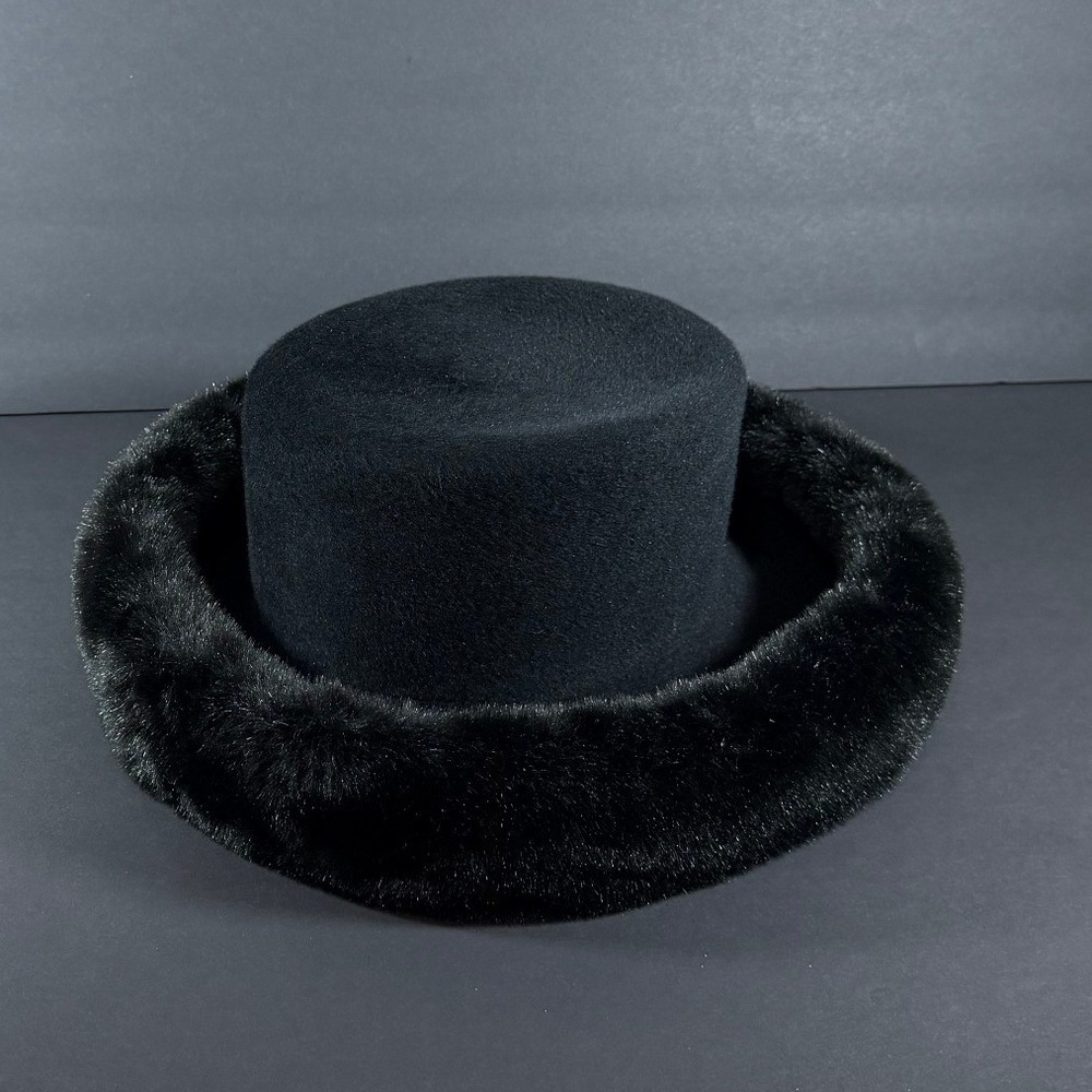 VTG Neiman Marcus Fur Felt Pillbox Hat Black Winter Formal Made in England